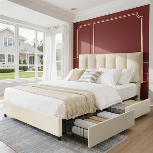 VECELO 4ft6 Double Bed Frame with 4 Storage Drawers, Upholstered ...