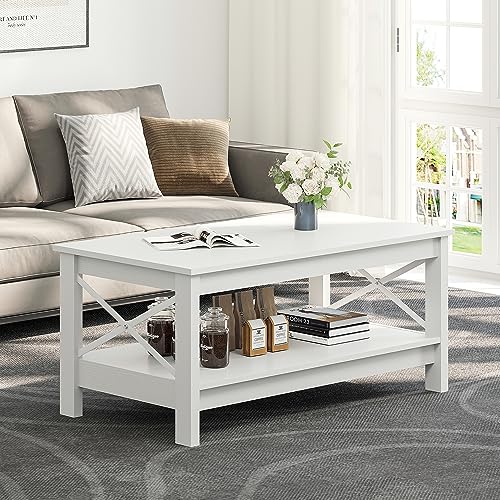 YITAHOME Coffee Table, Small 2-Tier Wooden Table with Storage Shelf ...