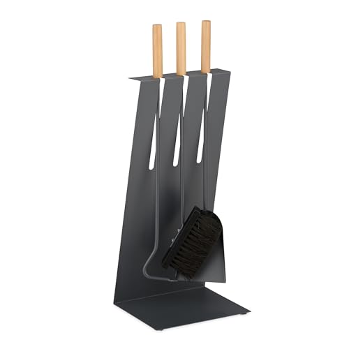 Relaxdays Fireplace Tools 5-Piece Set, Poker, Ash Shovel, Broom, Tongs