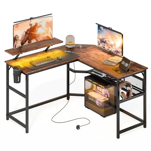 L Shaped Gaming Desk With LED Lights & Power Outlets Modern Corner