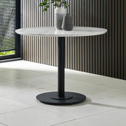 Julian Bowen Luca Dining Table – 100 x 76 cm, White Round Kitchen Table, Marble Effect 4 Seater ...