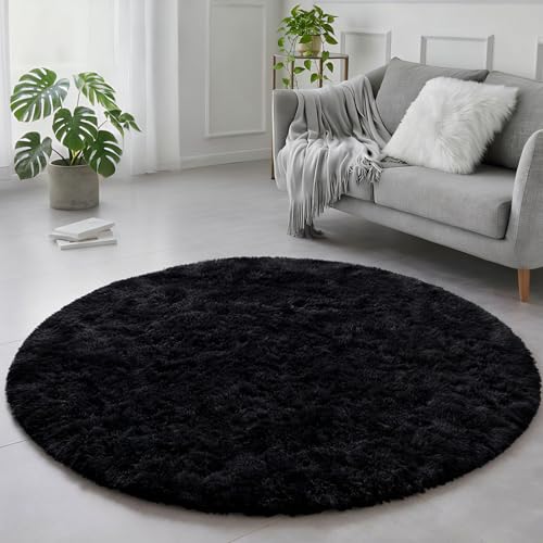 Amdrebio Black Round Rug - Fluffy Circle Carpet, 4'x4', Shaggy