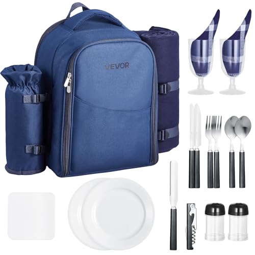 Beach Picnic Backpack Bag for 2 Person with Cooler Compartment Navy Blue