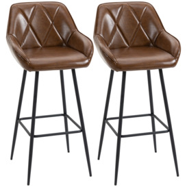 HOMCOM Retro Bar Stools Set of 2, Breakfast Bar Chairs with Footrest, Kitchen Stools with Backs and Steel Legs, for Dining Area and Home Bar, Brown