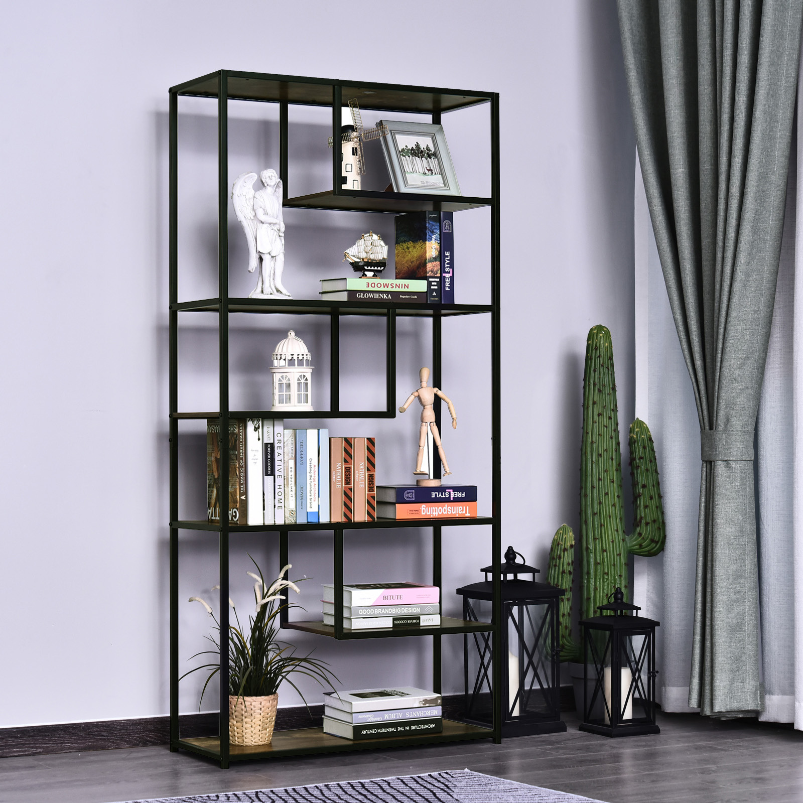 HOMCOM Wood Shelf Bookcase Industrial Style Stand 6-Staggered Shelf ...