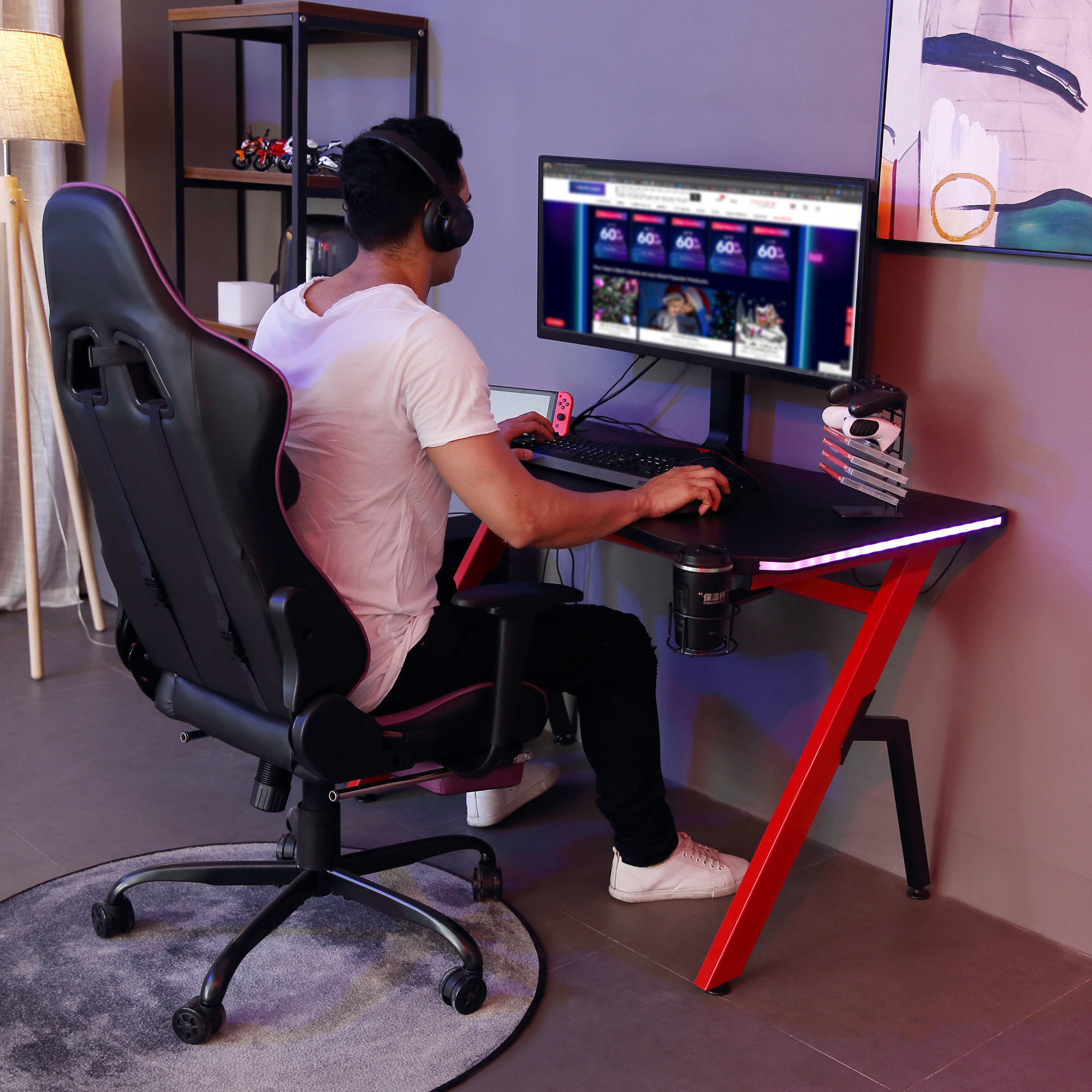 Gaming Desk Racing Style Home Office Ergonomic Computer Table Workstation with RGB LED