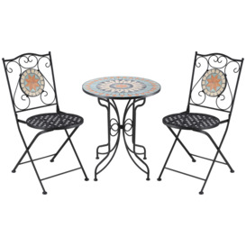 Outsunny 3 Piece Garden Bistro Set, Folding Outdoor Chairs and Mosaic Tabletop for Outdoor, Balcony, Poolside, Light Blue