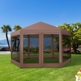 Outsunny Hexagonal Garden Gazebo Party Outdoor Canopy Tent Sun Shelter Adjustable with Mosquito Netting Zipped Door - Brown
