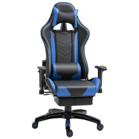 HOMCOM High-Back Gaming Chair Swivel Home Office Computer Racing Gamer Recliner Chair Faux Leather with Footrest, Wheels, Black Blue