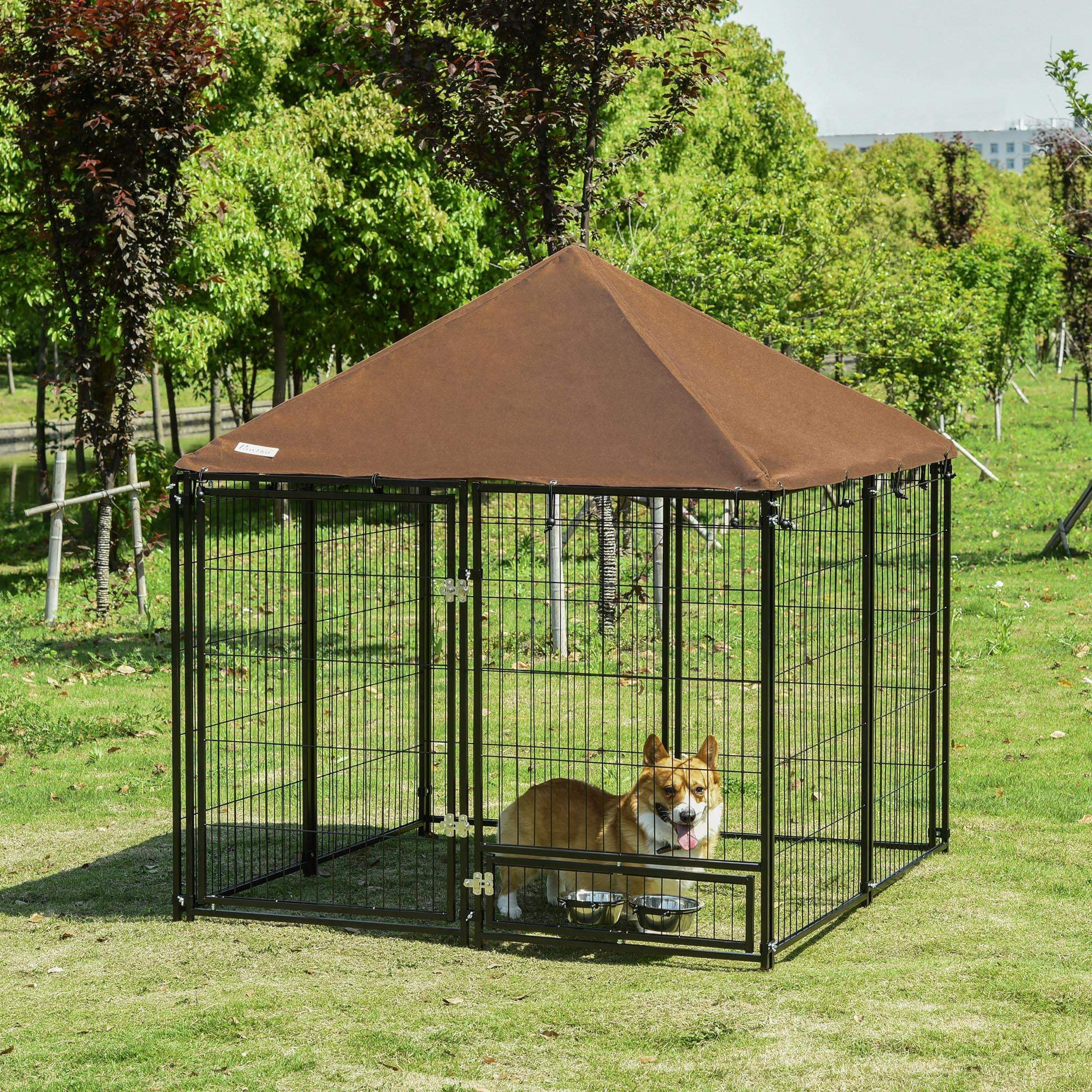 PawHut Outdoor Dog House Kennel with Waterresistant Roof Lockable Mesh Metal Cage Steel Fence