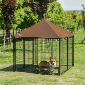 PawHut Outdoor Dog House Kennel with Water-resistant Roof Lockable Mesh Metal Cage Steel Fence, 141 x 141 x 121 cm