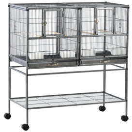 PawHut Double Rolling Metal Bird Cage Parrot Cage with Removable Metal Tray, Storage Shelf, Wood Perch, and Food Container