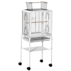 PawHut Large Metal Bird Cage Open Top Aviary for Finch Canaries, Budgies with Handle, Rolling Stand, Slide-out Tray, Storage Shelf, Wood Perch, White