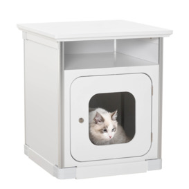 PawHut Wooden Cat Litter Box Washroom Toilet Home Decorative Kitty House Nightstand End Table Cabinet Indoor with Magnetic Door White