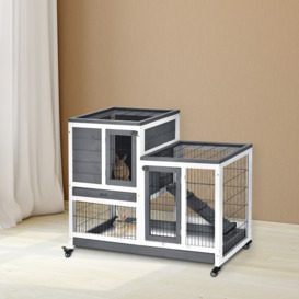 PawHut Indoor Wooden Rabbit Hutch Guinea Pigs House Bunny Small Animal Cage W/ Wheels Enclosed Run 110 x 50 x 86 cm