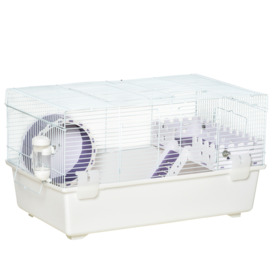 PawHut Two-Tier Hamster Cage Gerbil Haven Multi-Storey Rodent House Small Animal Habitat with Water Bottle, Excise Wheel, Ladder, White