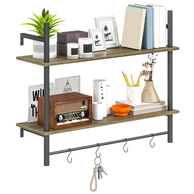 HOMCOM Wall Mounted Floating Shelves with 4 Hooks, Rustic Wall Shelf ...