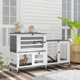 PawHut Wooden Rabbit Hutch with Run, 2-Tier Guinea Pig Hutch with Run ...