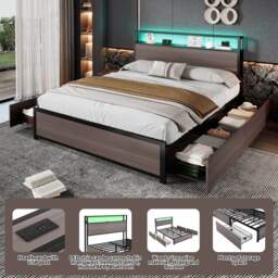 Metal Double Bed with LED Light Strip, 4 Drawers, and 3 USB Ports