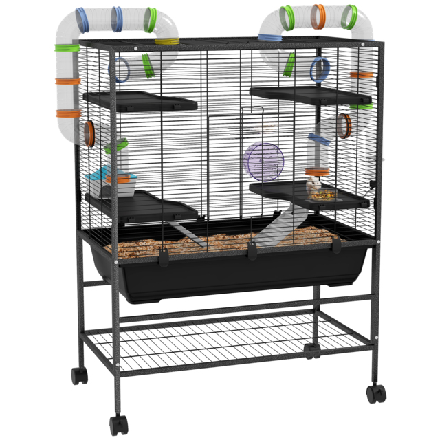 Image showcasing PawHut Large Hamster Cage Gerbil Cage with Tubes, Storage Shelf, Ramps ...
