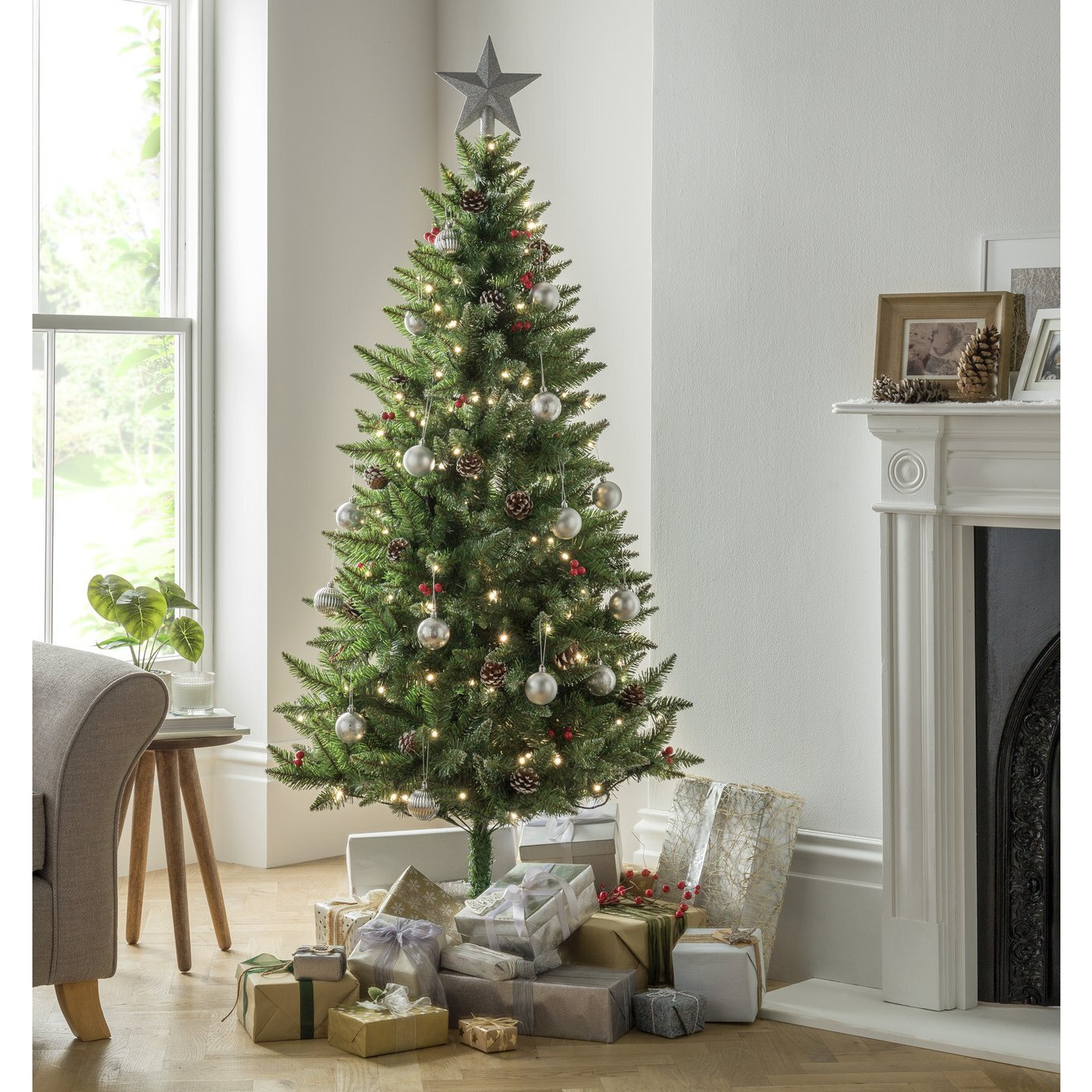 Argos Home 6ft Berry & Cone PreLit Christmas Tree Green by Argos