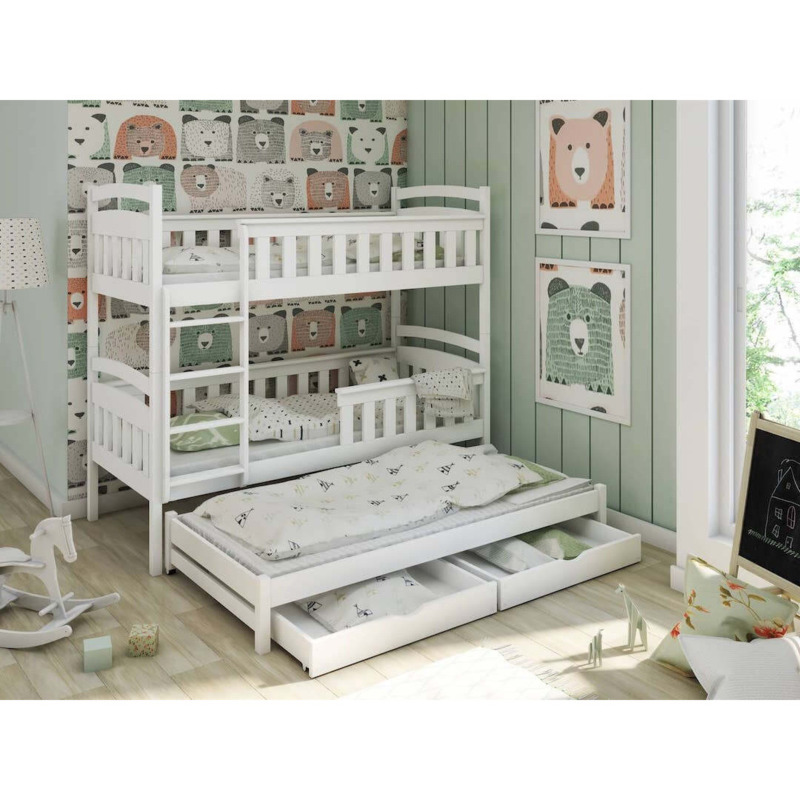 Wooden Bunk Bed Harriet with Trundle and Storage White Matt Without