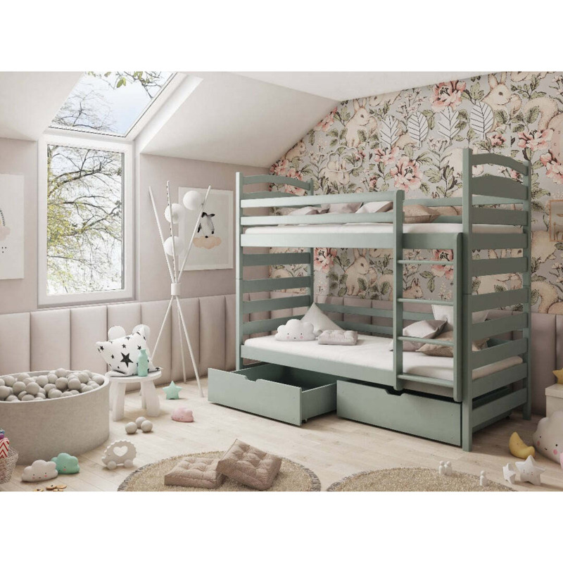 Wooden Bunk Bed Slawek with Storage Grey Matt Foam Mattresses by
