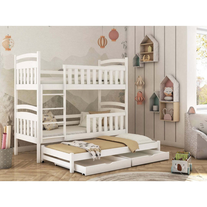 Viki Bunk Bed with Trundle and Storage White Matt Without Mattresses