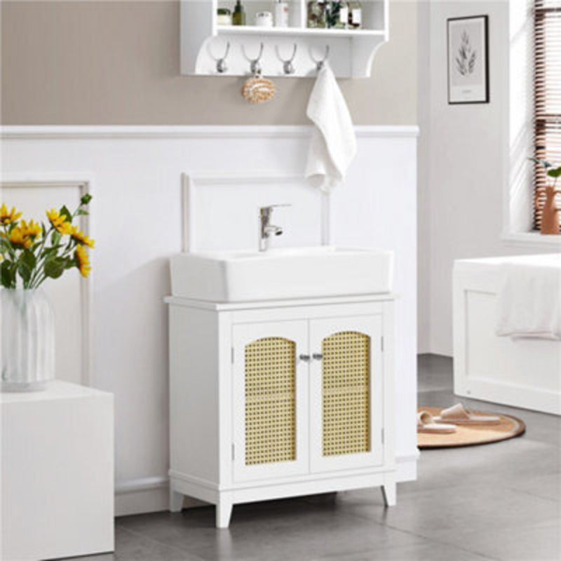 Yaheetech White Freestanding Bathroom Under Sink Cabinet With Rattan ...