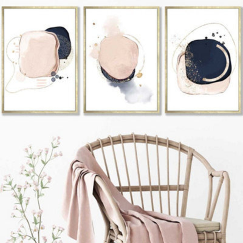 Artze Wall Art Set Of 3 Framed Abstract Navy Blue And Blush Pink Wall