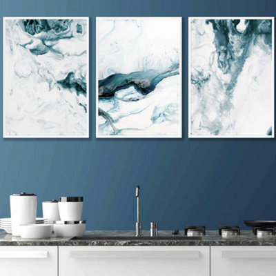 Artze Wall Art Set Of 3 Teal Blue Abstract Ocean Waves Wall Art Prints ...