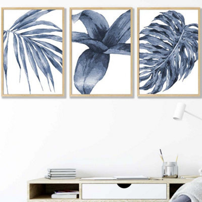 Artze Wall Art Set Of 3 Tropical Plants Navy Blue Abstract Wall Art ...