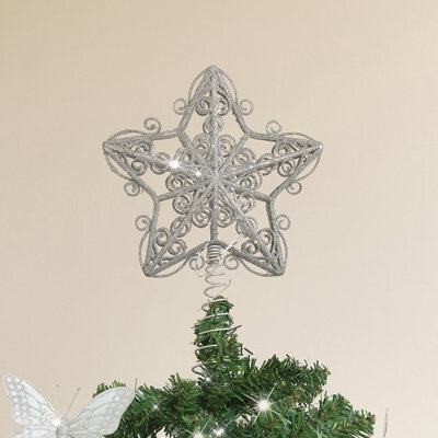 Melody Maison Silver Ornate Glitter Star Christmas Tree Topper by B&Q ...