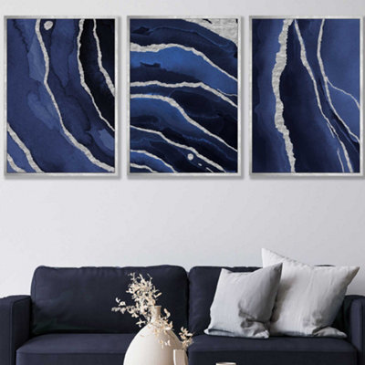 Artze Wall Art Set Of 3 Abstract Navy Blue Silver Strokes Wall Art ...
