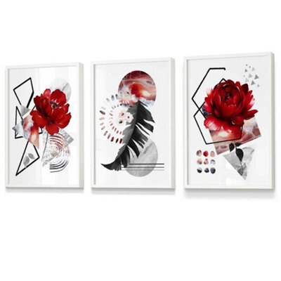 Artze Wall Art Set Of 3 Abstract Red And Black Botanical Wall Art ...