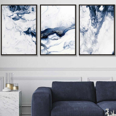 Artze Wall Art Set Of 3 Navy Blue Abstract Ocean Waves Wall Art Prints ...