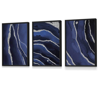 Artze Wall Art Set Of 3 Abstract Navy Blue Silver Strokes Wall Art ...