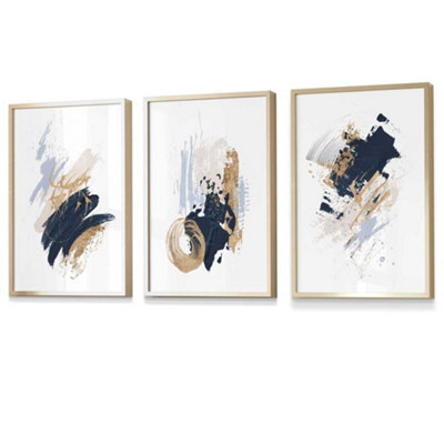 Artze Wall Art Set Of 3 Wall Art Blue And Gold Prints Of Abstract Oil ...