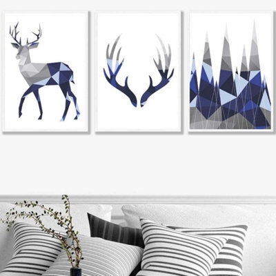 Artze Wall Art Set Of 3 Geometric Navy Blue Grey Stags Set Wall Art ...