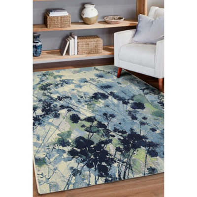 Melrose Tropical Blue Watercolour Floral Design Indoor Outdoor Area Rug ...