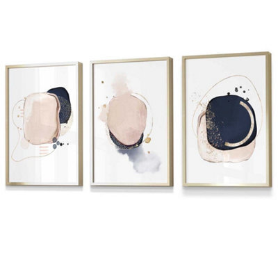 Artze Wall Art Set Of 3 Framed Abstract Navy Blue And Blush Pink Wall ...