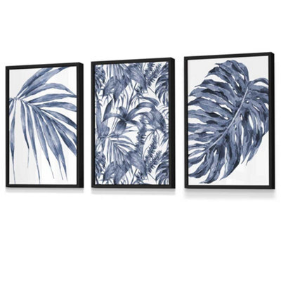 Artze Wall Art Set Of 3 Tropical Plants And Pattern Navy Blue Abstract ...