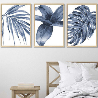 Artze Wall Art Set Of 3 Tropical Plants Navy Blue Abstract Wall Art ...