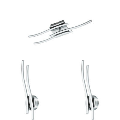 Modern Chrome Led Ceiling And Wall Light Set With Two Matching Sconces ...