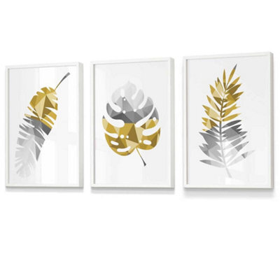 Artze Wall Art Set Of 3 Geometric Tropical Leaves In Yellow Grey Wall ...