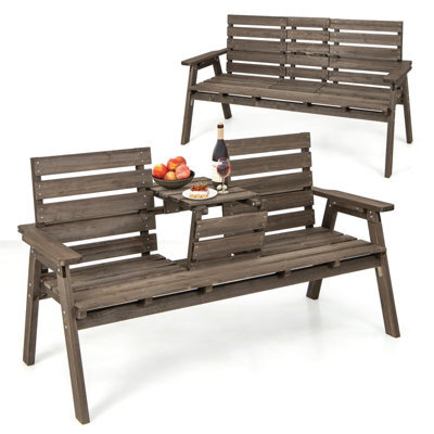 Costway Garden Wood Bench W/ Foldable Middle Table Outdoor 2-3 Person ...