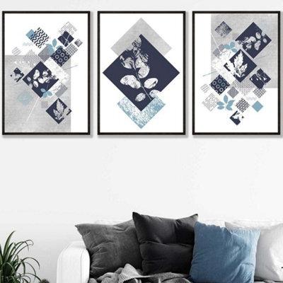 Artze Wall Art Set Of 3 Graphical Abstract Floral Navy Blue Grey Wall ...