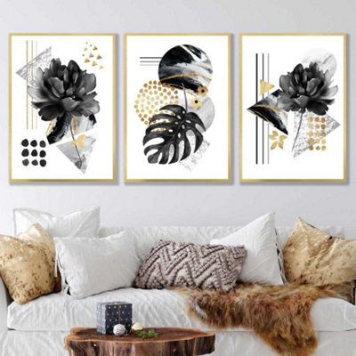 Artze Wall Art Set Of 3 Abstract Black And Gold Botanical Wall Art ...