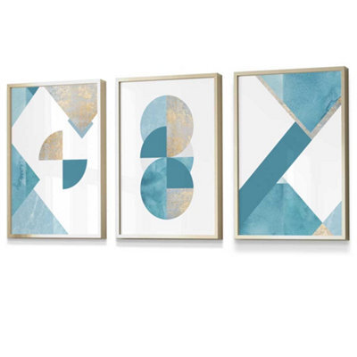 Artze Wall Art Set Of 3 Abstract Aqua Blue Mid Century Geometric Wall ...