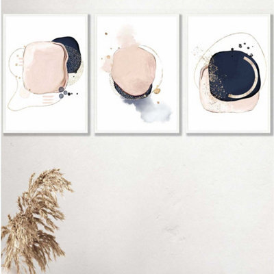 Artze Wall Art Set Of 3 Framed Abstract Navy Blue And Blush Pink Wall ...